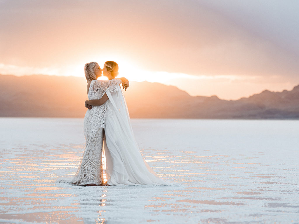 Two white wedding dresses for amazing Alaska elopement photography. 